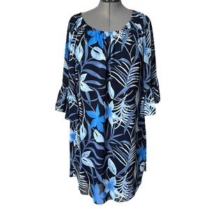 Tropical floral print sheer peasant style dress with flounce sleeve XL